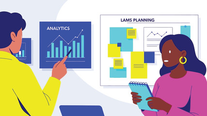 Two business colleagues engaged in analytics and planning, with a man pointing at a chart and a woman taking notes on a board labeled lams planning
