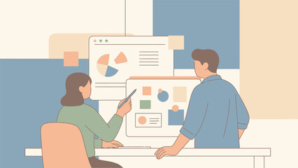 Two business professionals analyzing data on a computer screen, a female pointing at a pie chart and a male observing, in a modern office setting