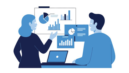 Two business people collaborate on data analysis illustration, showing a male and female presenting information on charts and graphs with a laptop at work