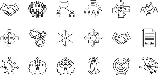 Set of 18 outline icons representing business concepts including handshake, teamwork, communication, problem solving, collaboration, partnership
