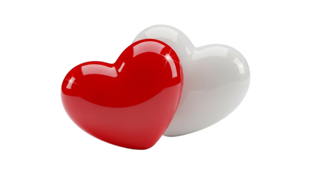 Two glossy hearts one red one white overlapping on black background love symbol