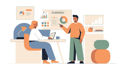 Business associates engaged in a planning session, reviewing data and charts on a large screen while collaborating in a modern and organized office space