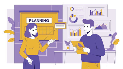 Female and male business professionals discussing strategic planning and analyzing graphs on a screen in a contemporary office setting with vibrant colors