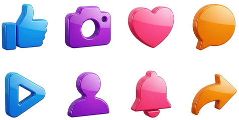 A collection of colorful 3D rendered social media and application icons including like, camera, heart, chat, play, profile, notification, and share symbols.