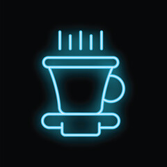 Bright blue neon sign of a steaming cup of coffee in a dark setting, perfect for cafe or restaurant