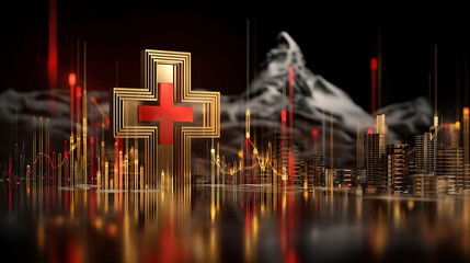 Swiss finance success with golden cross, glowing charts, modern Z