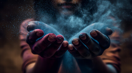 Cupped hands release vibrant powder in motion against dark backdrop. Ideal for editorial, cultural, artistic, or symbolic photography themes.