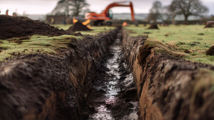 Narrow trench with moist soil in rural field, excavator in background under cloudy sky. Ideal for editorial, construction, infrastructure, or environmental photography themes.