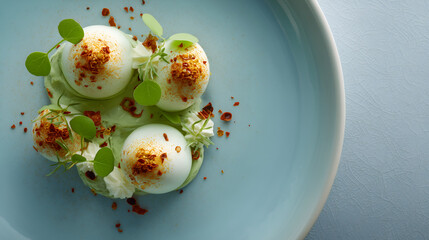 Creamy spheres and red dust evoke clarity, ritual, and editorial depth in plated storytelling. Microgreens and blue ceramic highlight texture, contrast, and poetic refinement.