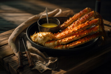 Plated grilled crab legs on a dark dish with a small bowl of melted butter and spoon, set on a rustic wooden surface