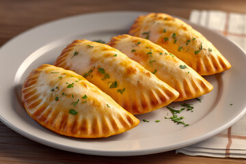 Four golden-brown baked empanadas on a plate with crimped edges, parsley garnish and glossy egg-wash finish on a wooden surface.