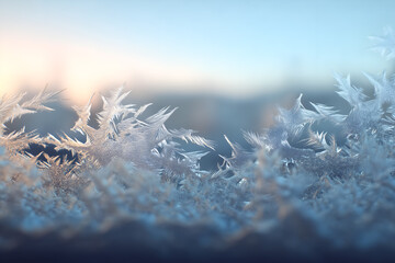 Delicate frost crystals forming intricate feathery patterns on a window pane with warm-to-cool gradient bokeh in the background — natural ice texture and morning ambience.
