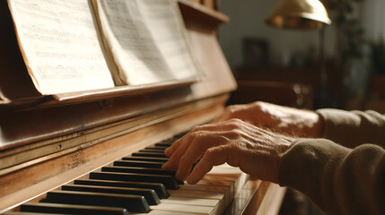 Close-up of hands playing piano in cozy room with sheet music and soft lamp light. Brown sweater and warm tones evoke intimacy, focus, and musical expression.