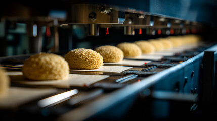 Industrial food processing line with breaded items on trays under automated dispensers. Ideal for editorial, culinary technology, manufacturing, or automation photography themes.