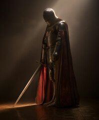 Knight in full metal armor with sword and red cape, standing in moody spotlight. Ideal for editorial, historical, cinematic, or conceptual photography themes.