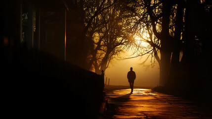 Person walking on wet street under bare trees in warm sunrise mist. Ideal for editorial, lifestyle, nature, travel, or emotional storytelling photography themes.