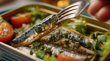 Close-up of sardines lifted from tin with herbs, tomatoes, and greens. Ideal for editorial, culinary, nutrition, or lifestyle photography themes.