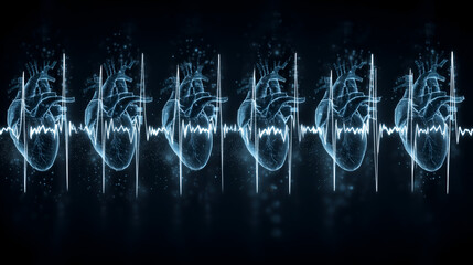 Stylized glowing hearts with ECG waveform in blue wireframe style. Ideal for editorial, medical, scientific, bioengineering, or conceptual storytelling photography themes.