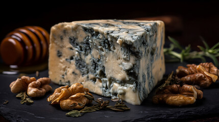 Creamy blue cheese with herbs, walnuts, and honey on dark slate. Ideal for editorial, culinary, rustic food, or artisanal ingredient photography themes.