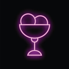 Neon sign of ice cream sundae in glass vase shining on black background