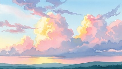 Dreamy watercolor sky with pastel clouds and distant hills, perfect for peaceful backgrounds, calming designs, and serene creative projects