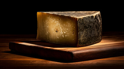 Golden-hued aged cheese with firm, hole-speckled interior and dark rind on rustic board. Ideal for editorial, culinary, artisanal, or gourmet food photography themes.