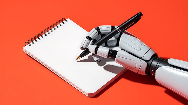 Robot hand holding pen and writing on blank notebook in modern futuristic technology concept
