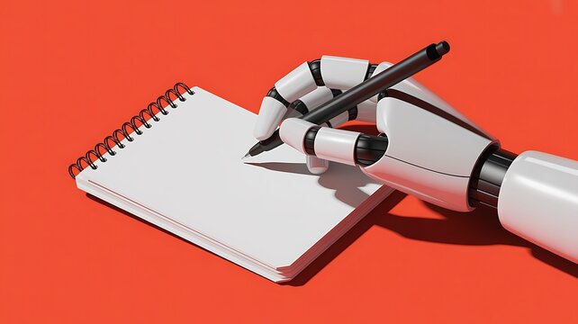 Robot hand writing ai on notebook with pen in modern futuristic technology concept
