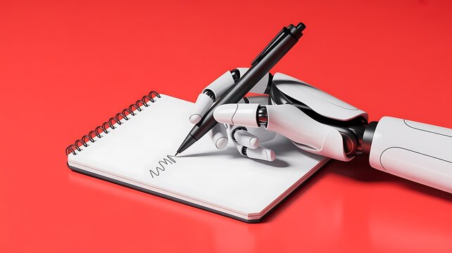 Robot hand writing ai on notebook with pen in modern futuristic technology concept
