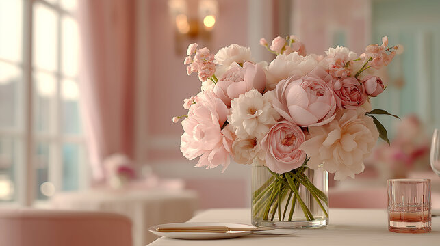 Mother's Day bouquet of pink flowers on elegant table, pastel ambience, warm tenderness
