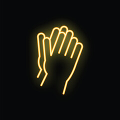 Neon sign of two hands clapping with yellow glow on black background