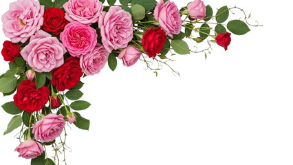 Pink and red roses with green leaves arranged in a corner on black pink rose flower
