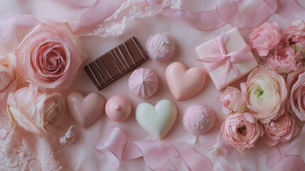 Ai colorful dessert and floral arrangement on soft pink fabric creating a romantic and festive atmosphere for celebrations