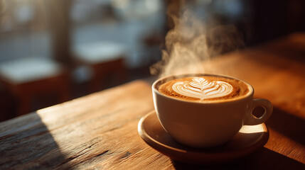 Ai warm coffee cup with latte art sitting on a wooden table in a cozy cafe during morning hours