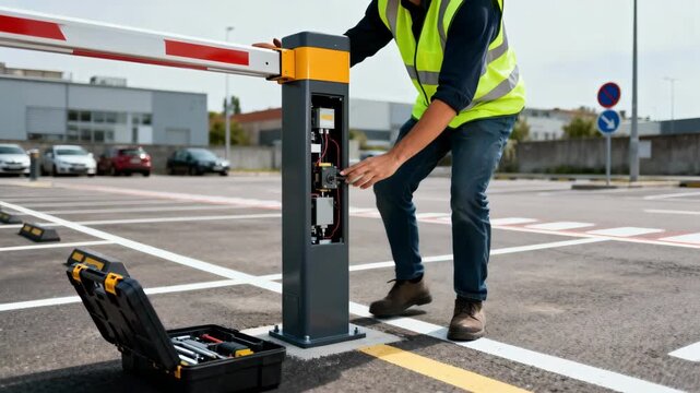 Maintenance professional inspecting and fixing a bollardstyle parking barrier enhancing safety and traffic flow in a urban parking area.