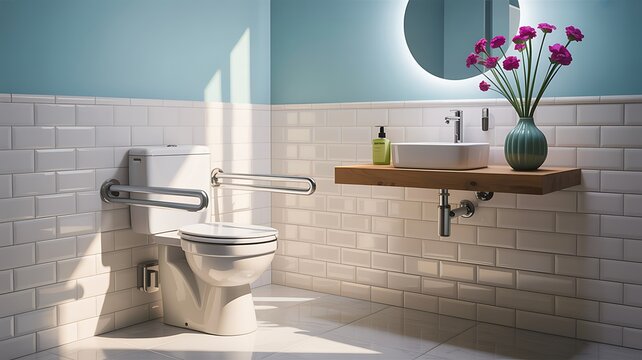 Modern accessible bathroom interior with safety rails toilet and stylish sink decor
