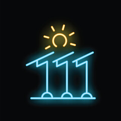 Neon style icon of solar panels generating electricity from sun energy