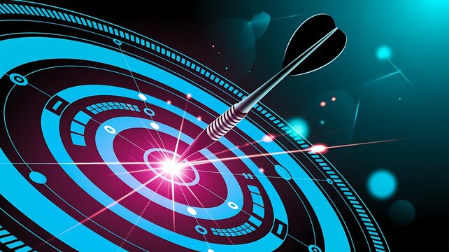 Digital target accuracy concept with dart hitting futuristic glowing bullseye
