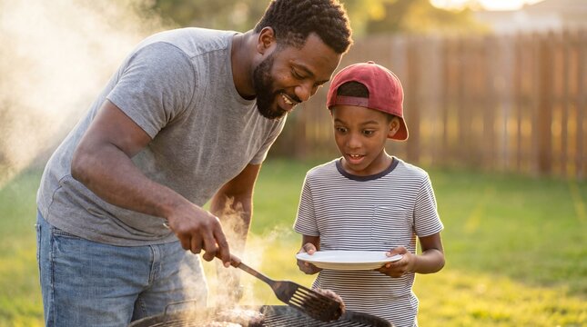 Man and Boy Grilling Burgers Outdoors