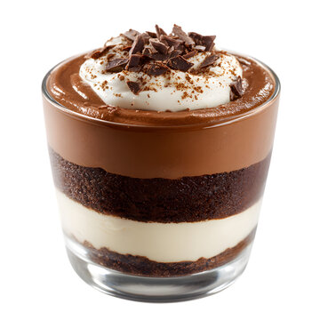 Chocolate dessert in a glass with layers and whipped cream topping view