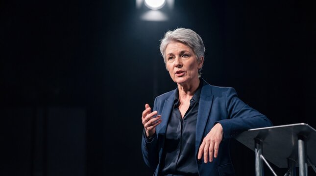 Mature Woman Speaker Presenting on Stage