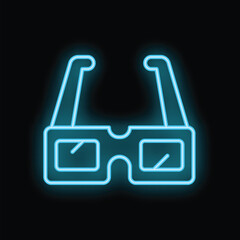 Blue neon sign glowing 3d glasses icon on black background represents entertainment, technology, and visual experiences