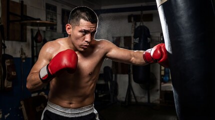 Male boxer with red gloves hitting a punching bag in a gym.