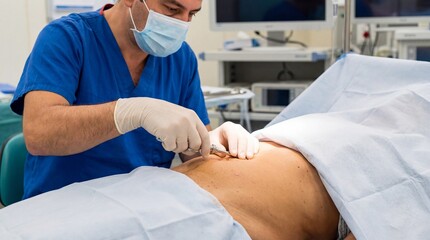 Surgeon performing abdominal surgery in an operating room.