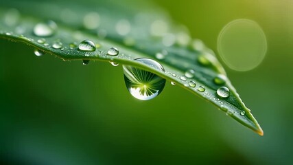 A stunning macro photograph of a single clear water droplet hanging from the tip of a vibrant green leaf. - Powered by Adobe