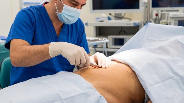 Surgeon performing abdominal surgery in an operating room.