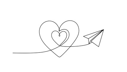 White continuous line drawing of paper airplane flying towards nested hearts on black love travel