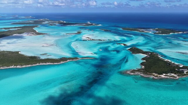 Exuma Skyline At Exuma Islands In Black Point Bahamas. Beach Landscape. Shades Of Blue Watercolor. Travel Destination. Exuma Skyline In Exuma Islands In Black Point Bahamas. Nature Seascape.