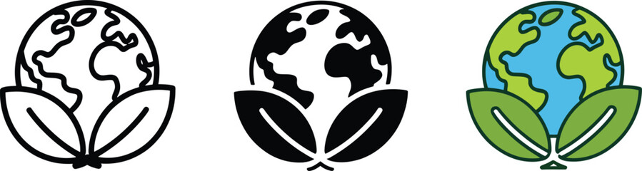 Outline icon of earth globe surrounded by leaves representing ecology conservation sustainability
