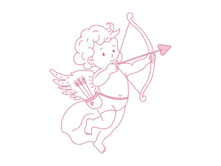 Valentine cupid hand-drawn vector illustration, pink cherub in doodle style aims a heart arrow,spreading love for happy Valentine's Day.Romantic child character,heaven boy with wings.Valentine clipart
